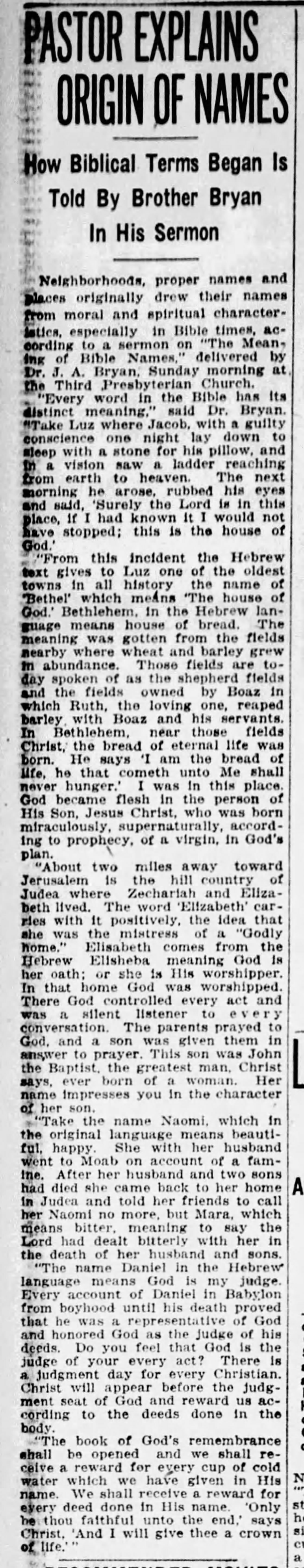 Pastor Explains Origin of Names